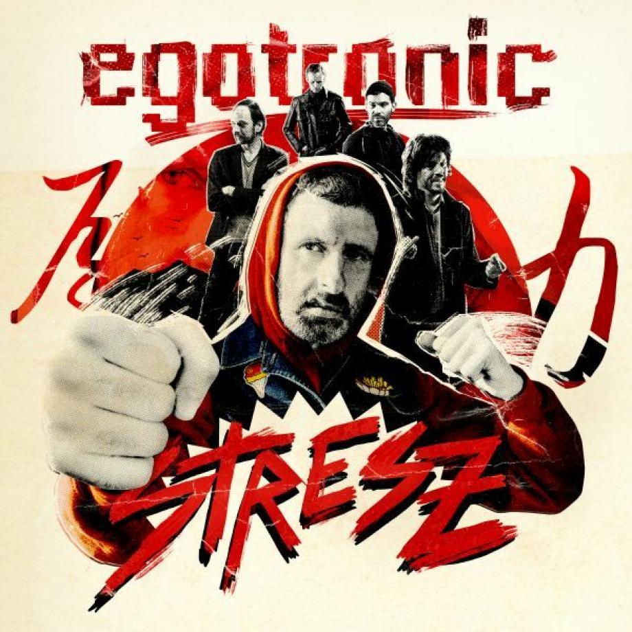egotronic stehen auf beigem grund, vor einem roten kreis, im grafittistil steht der Albumtitel Stresz