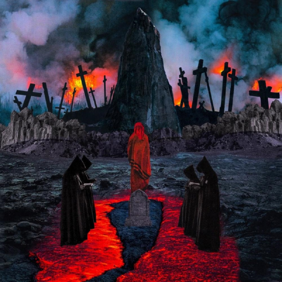satanische Szene mit Mönchen, Kreuzen, Feuer...satanisch eben