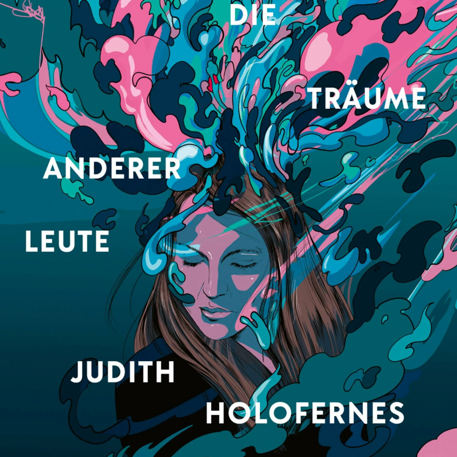 gezeichneter Kopf von Judith Holofernes aus dem Farben sprühen