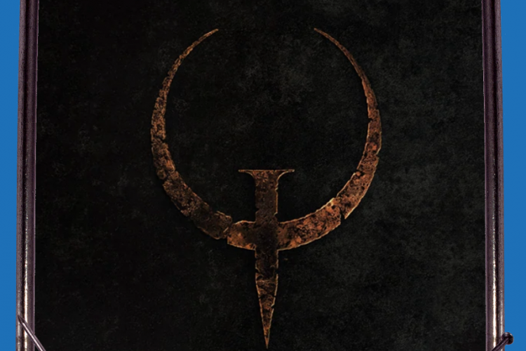 Quake-Logo (Halbkreis mit einem Strich durch) auf schwarzem Untergrund