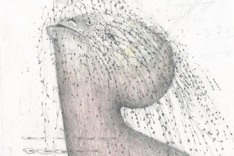 Ein schwer zu definierendes Alien steht in einem gezeichneten Regen